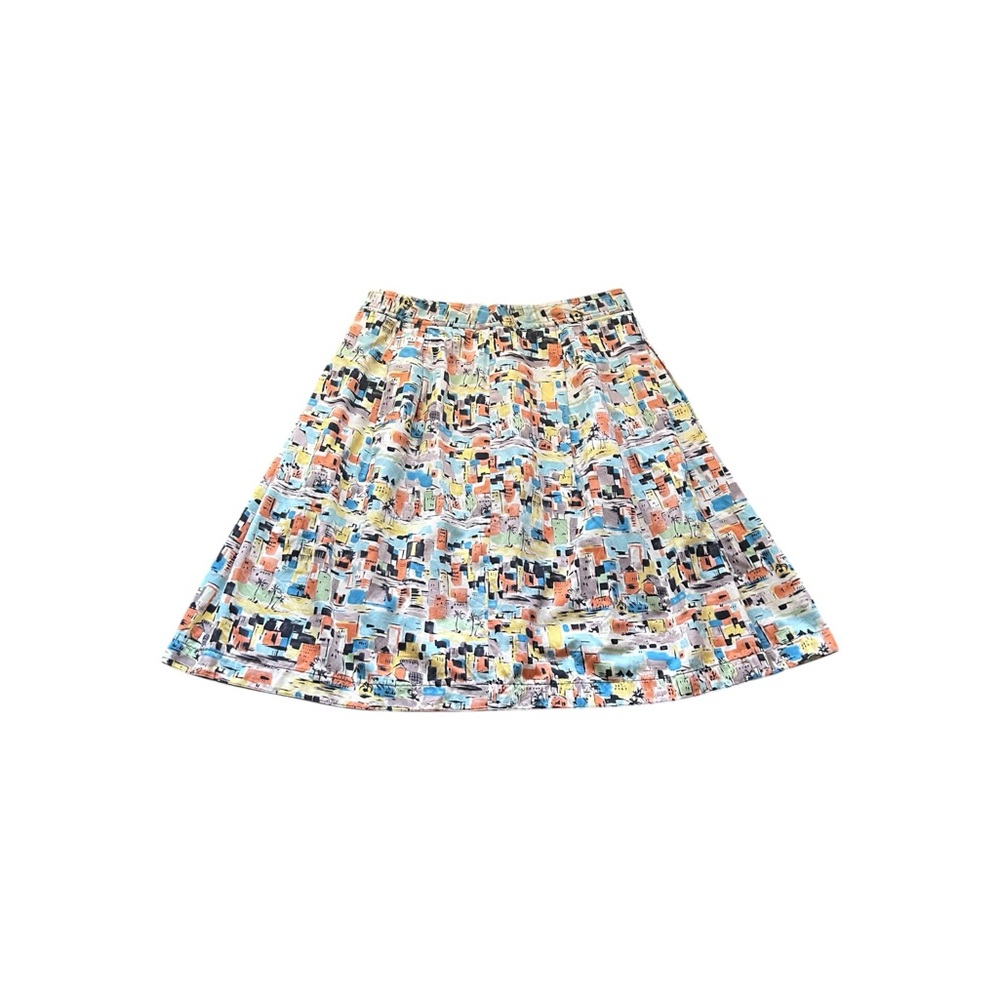 Vintage Cityscape Print Pleated A-Line Skirt 90s Retro Kitschy Whimsical Size 12